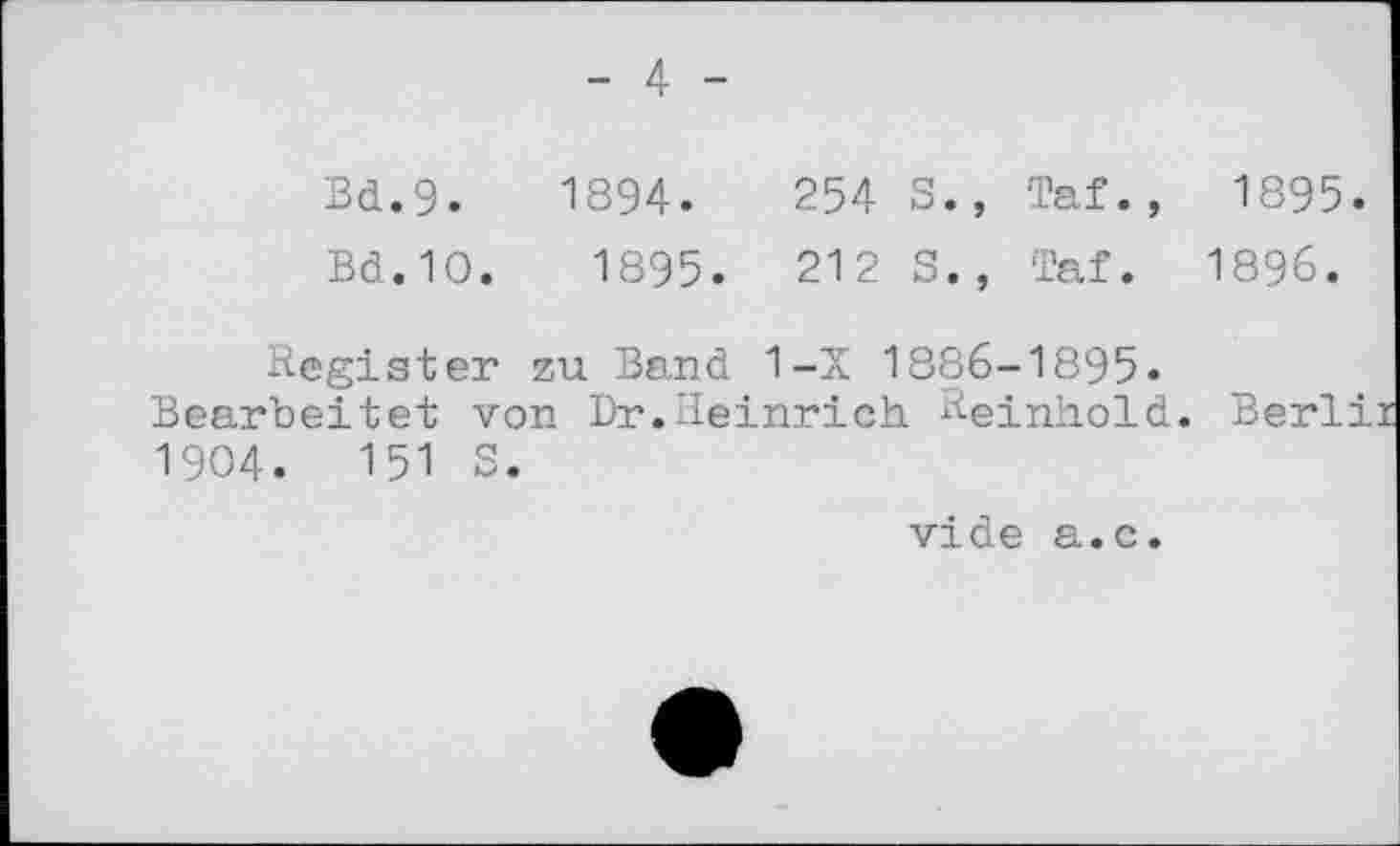 ﻿- 4 -
Bd.9.	1894.	2543., Taf., 1895.
Bd.10.	1895.	212 S., Taf. 1896.
Register zu Band 1-Х 1886-1895. Bearbeitet von Dr.Heinrich Reinhold. 1904. 151 3.
vide a.c.